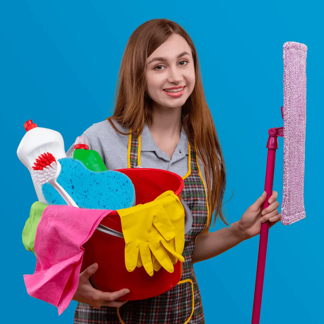 woman with colorful cleaning supplies